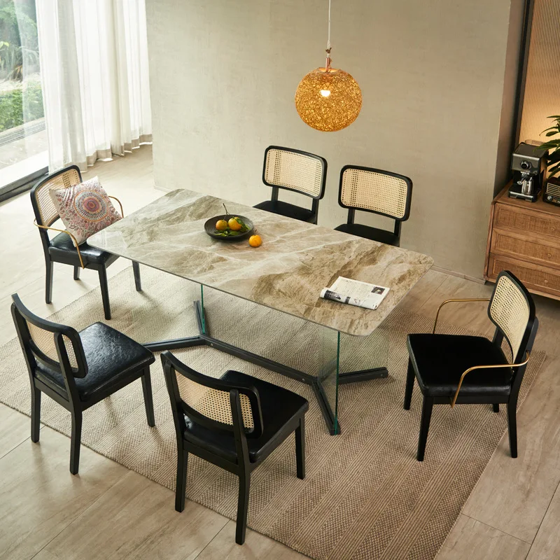 

Italian minimalist light luxury rectangular slate dining table living room glass table leg dining table small apartment dining