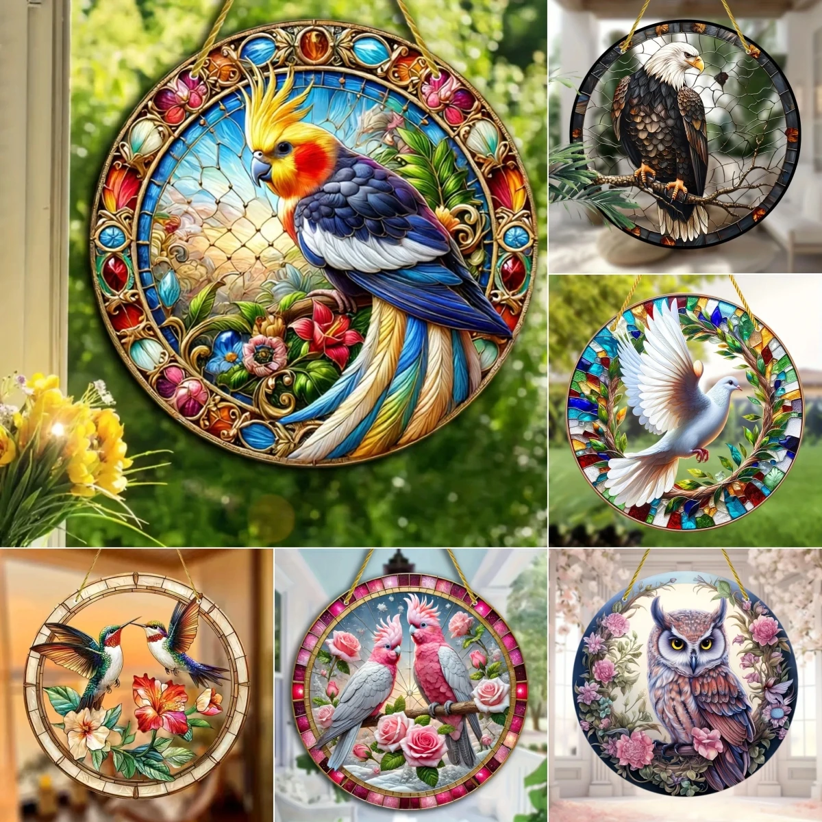 White Dove Parrot Owl Owl and Eagle Suncatcher- Translucent Acrylic Round Art Sign,Dazzling Decor for Windows, Yard, Home, Farm