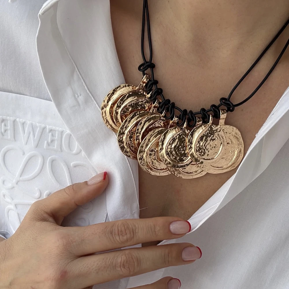 

Exaggerated Metal Round Medallion Pendant Necklace for Women Vintage Double Knotted Leather Cord Necklaces Party Jewelry