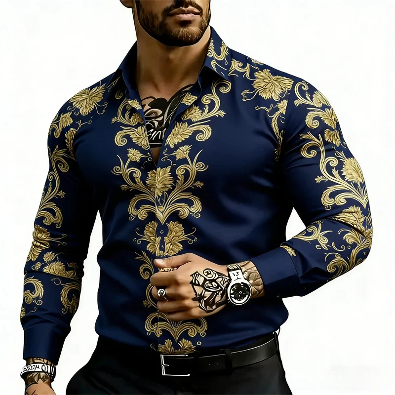 Men's Shirt Long Sleeve Golden Baroque Floral Scroll Print Turn Down Collar Casual Streetwear Business Top Mens Clothes