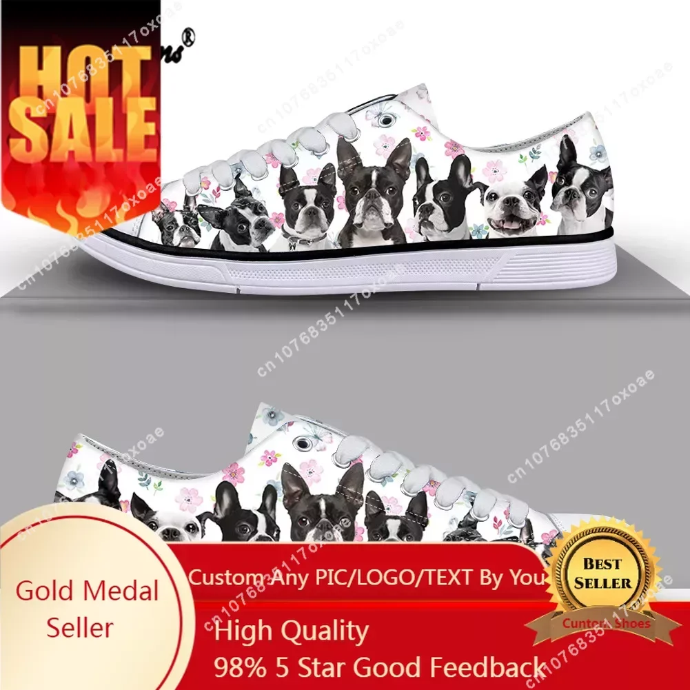 

2021 Fashion Low Top Sneakers Boston Terrier Design Canvas Shoes Women Casual Shoes White Flat Lace up Sport Shoes