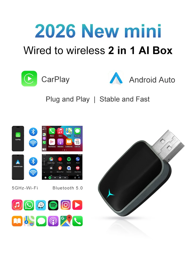 2026 NIEUW 2-in-1 Draadloze Carplay & Android Auto Mini Box Plug and Play WIFI BT Snelle Auto-Connectie USB/USB-C, Geen Vertraging Smart Dongle - afbeelding 2