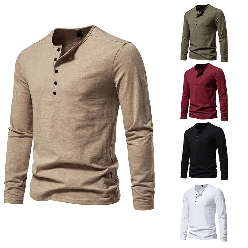 

2024 Foreign Trade Autumn/Winter New European Size Men's Fashion Solid Color Five Button Henry Long Sleeved T-shirt