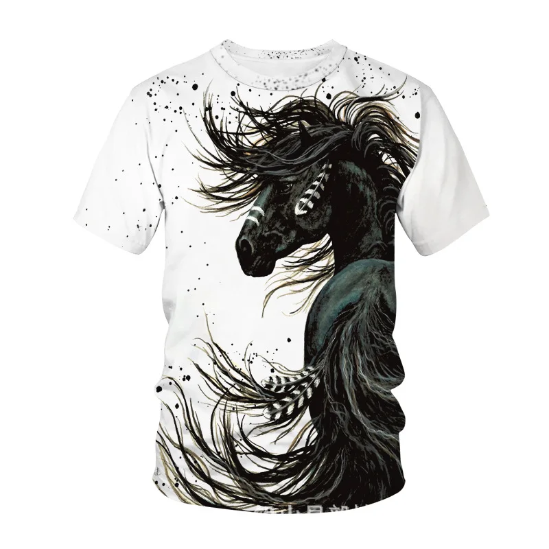 

Trendy Horse Printed T Shirt For Men Summer Leisure Loose Breathable Oversized Crew Neck Short Sleeve Tee Top Men Street Clothes
