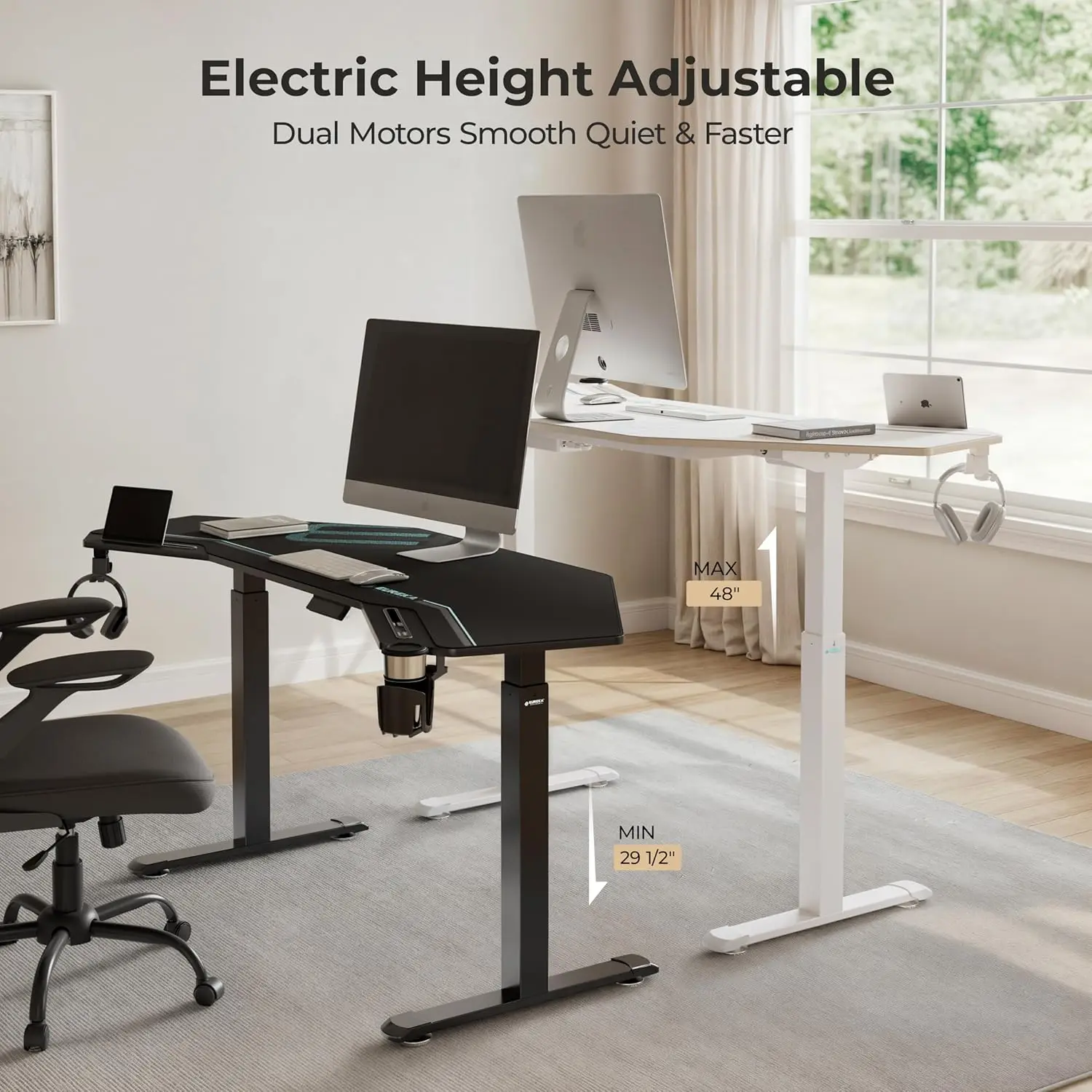 Standing Desk,  Electric Adjustable Height Desk,Wing Shaped Computer Desk Large Music Studio Table,Dual Motor&Slot, Maple 72"