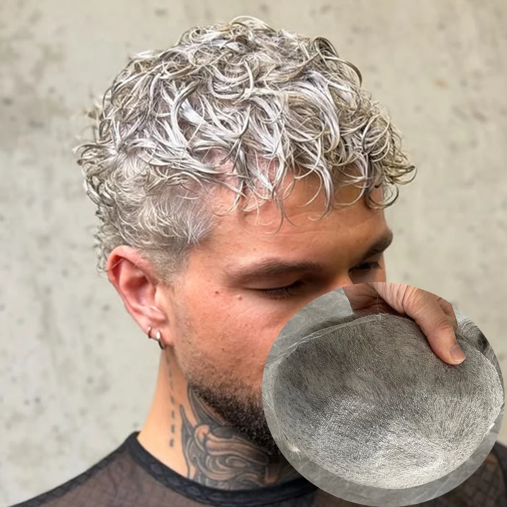 25mm Curly 0.02mm Ultra Thin Skin 80%Density Men Toupee Silicon Pu Invisible Hairline V-Loop 1B80 #565 Grey Human Hair Prosthesi