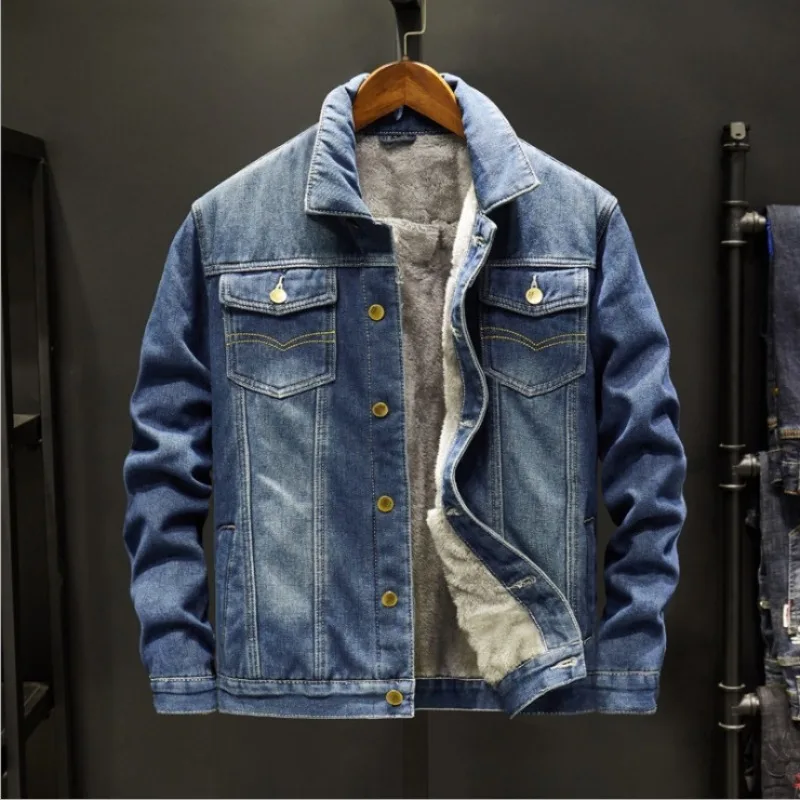 

Men's Winter Thickened Fleece Denim Jacket Casual Style Warm Trendy Coat Student Loose Fit Jeans Clothing from 8XL