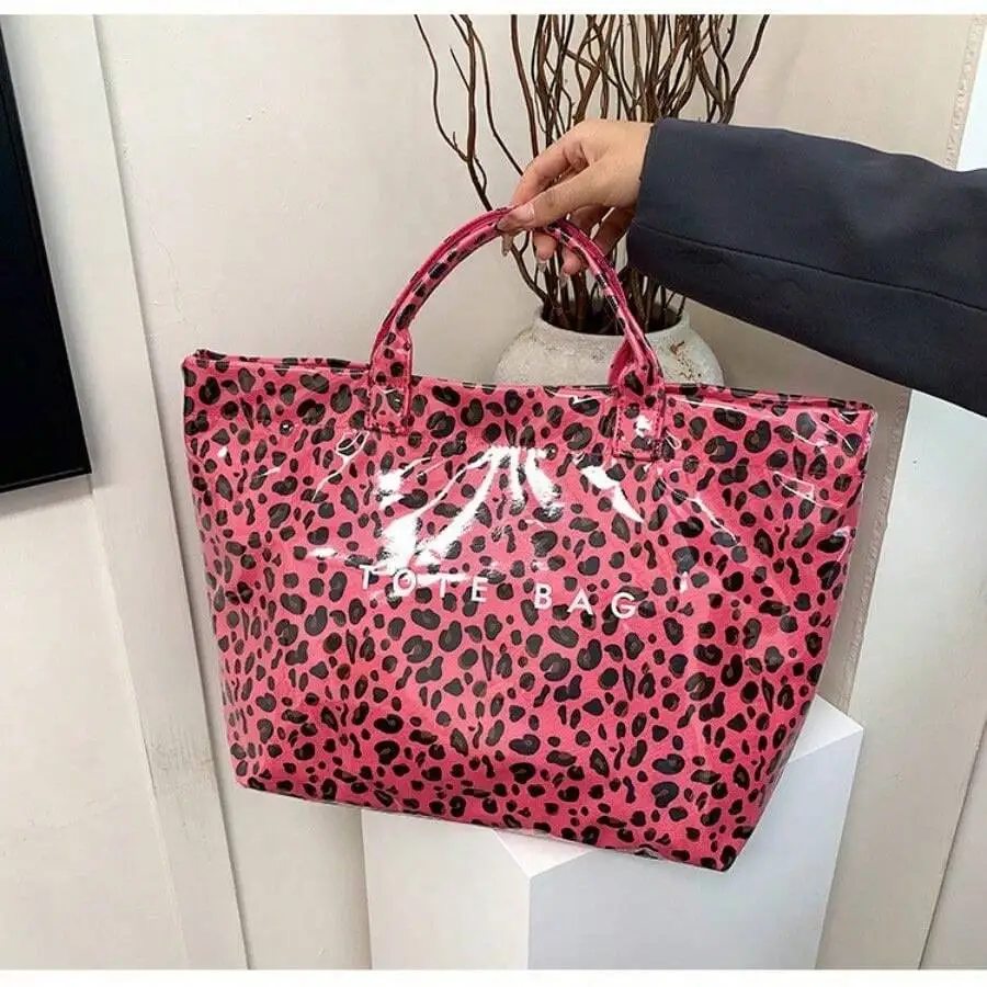 

Розовая сумка-тоут из ПВХ с леопардовым принтом, глянцевая вместительная сумка с верхней ручкой для женщин