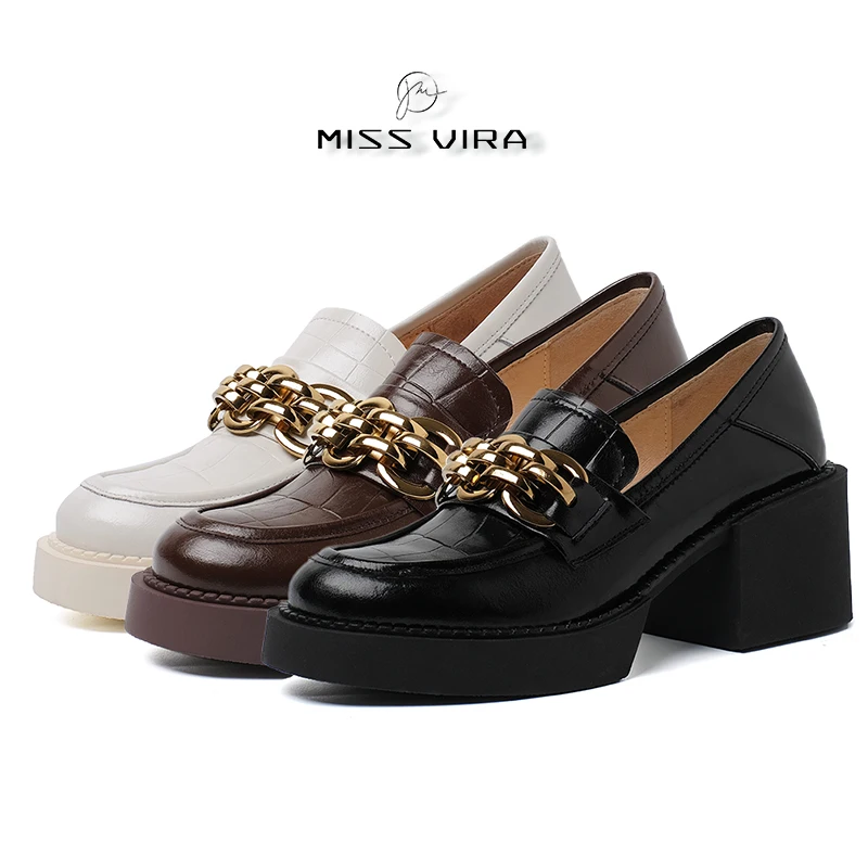 MISS VIRA Chunky Heel Loafers Women Genuine Cow Leather Platform Shoes Round Toe Slip On Metal Chain Ladies Casual Shoes