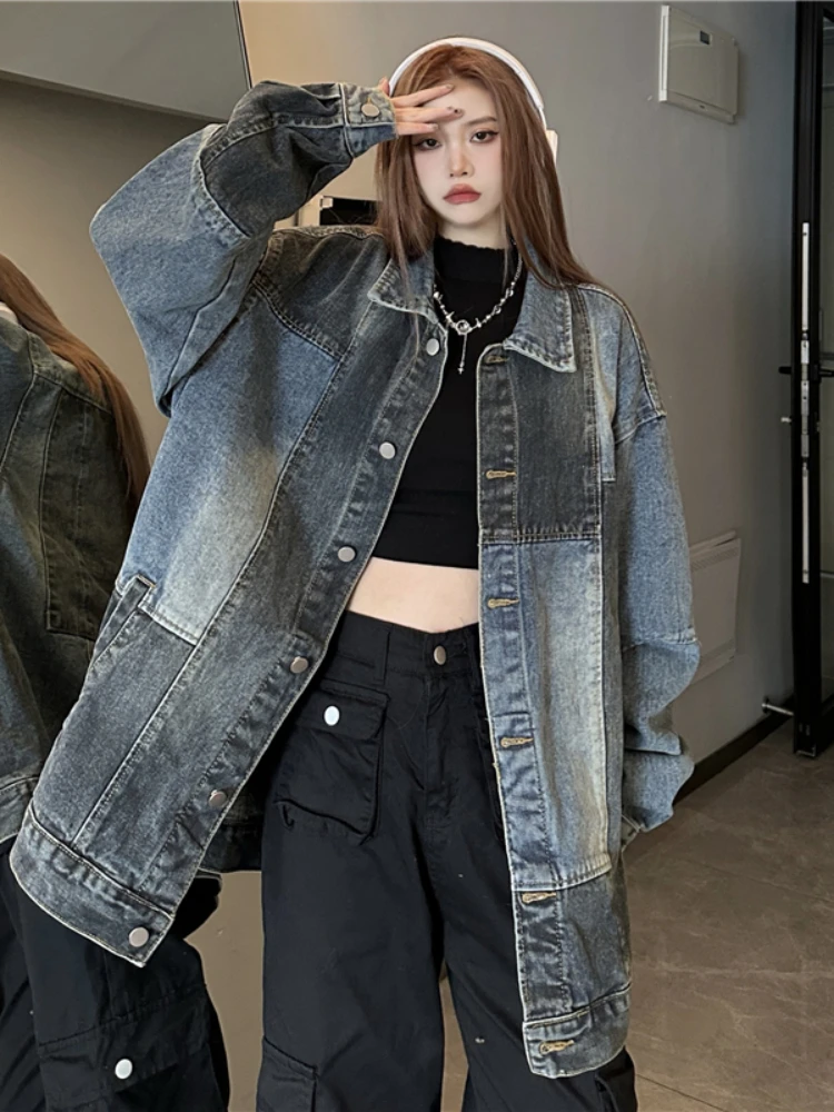 Denim Jackets Women Loose Spliced Panelled Vintage European Style Retro Turn-down Collar High Street Fashion Leisure Hip-hop