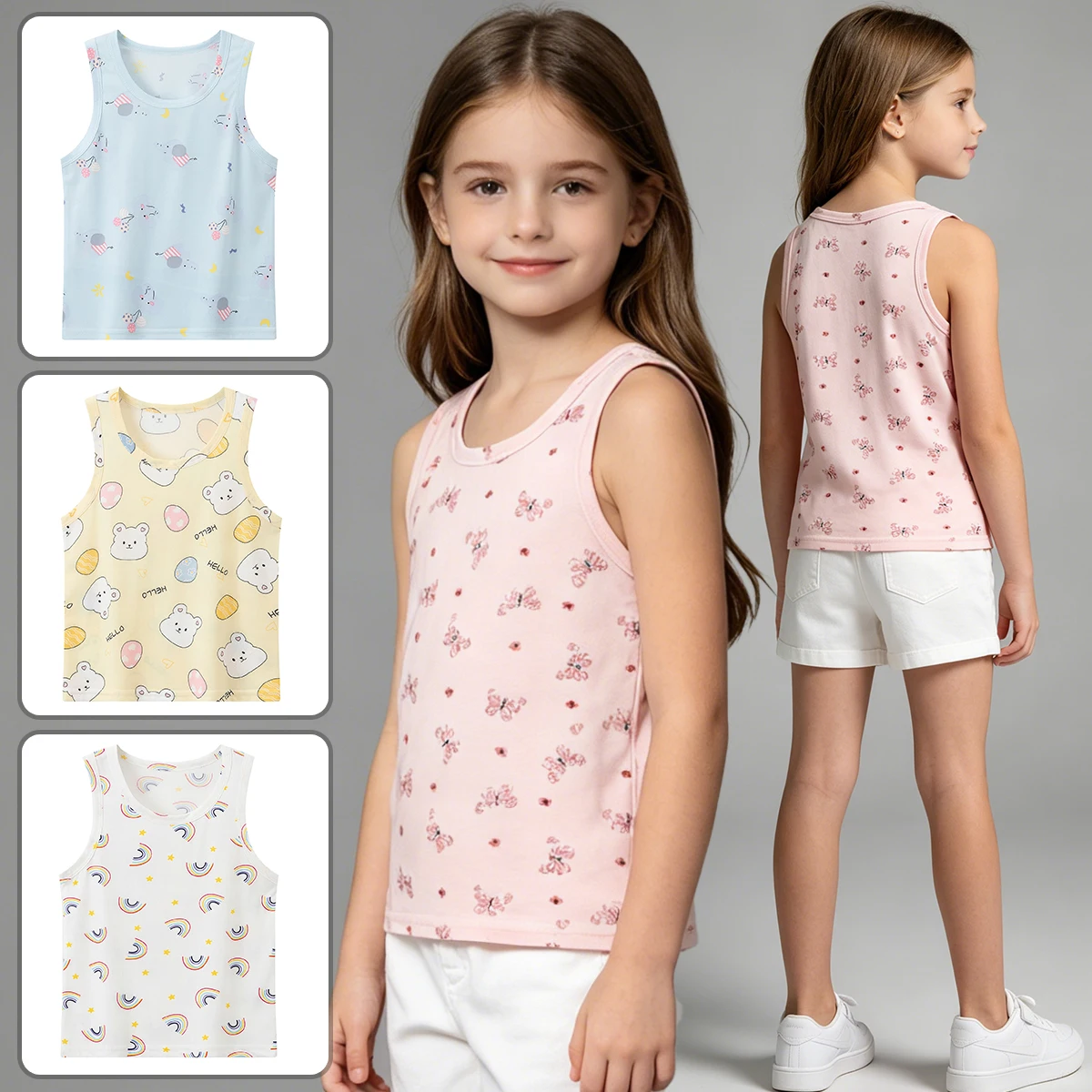 4-Piece Set of Girls' Four Season Cute Printed Vest, Children's Versatile and Comfortable Round Neck Base Shirt, Home T-Shirt