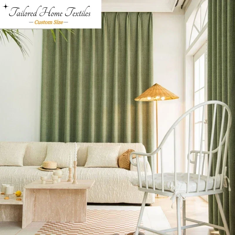 

Blackout Curtains Cotton and Linen High Nordic Luxury Simple Curtains for Living Dining Room Bedroom Matcha Green Curtain Custom