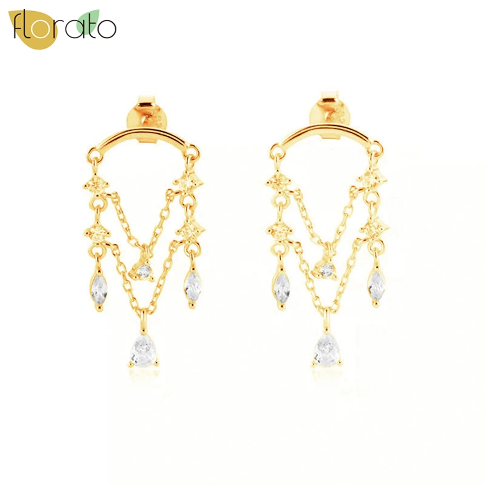 925 Sterling Silver Ear Needle Exquisite Luxurious Gold Silver Earrings White Zircon Tassel Pendant  Earrings for Women Jewelry