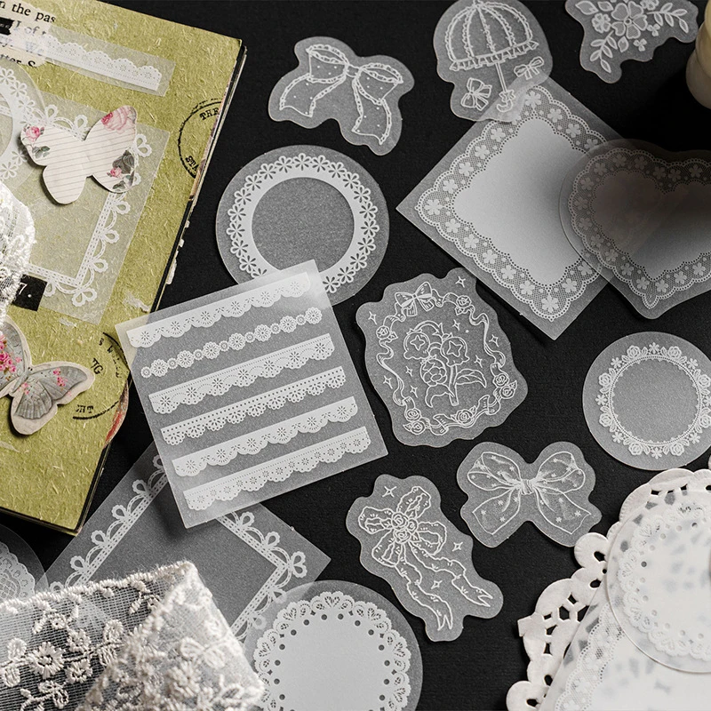 30pcs/lot White Translucent Lace Sticker Pack, Exquisite Floral & Geometric Patterns with Delicate Embroidery Details
