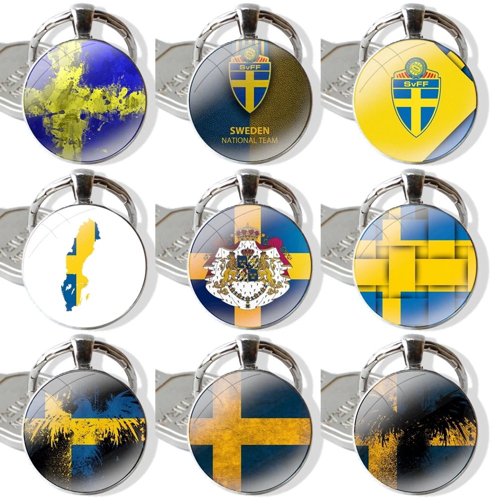 Swedish sweden flag Keychain Handmade Glass Cabochon Key Ring Holder Pendant Key Chains