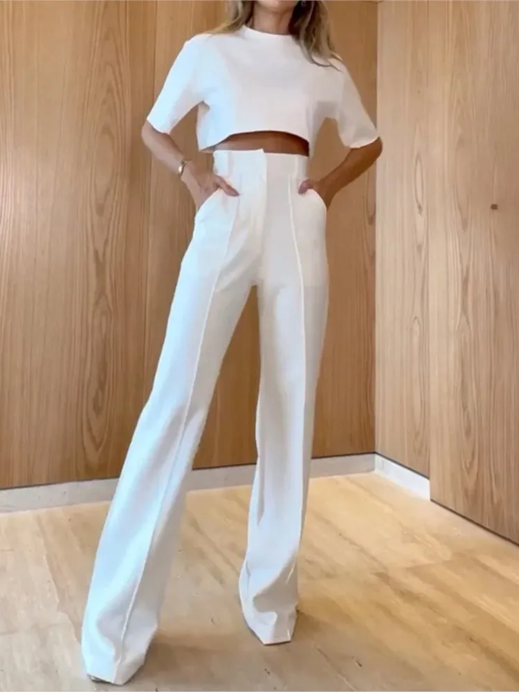 ชุดแฟชั่นผู้หญิง เสื้อครึ่งแขน คอทรงโอ แขนสั้น ท็อปส์สั้น+กางเกงขายาวเอวสูง ชุดเซ็ต 2 ชิ้น ชุดทำงานผู้หญิง สไตล์ใหม่