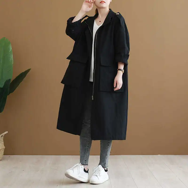 

Casual Artistic Mid-Length Stand Collar Women's Jaet Slimming Trendy Commute Sle Regular Sve Long Zipper Pure Color