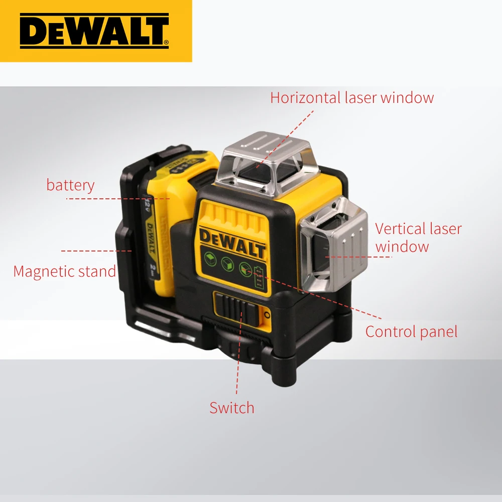 Dewalt DW089LG 3 boki * 360 12 linii pionowych poziom lasera miernik zielonego światła pionowy akumulator 12V