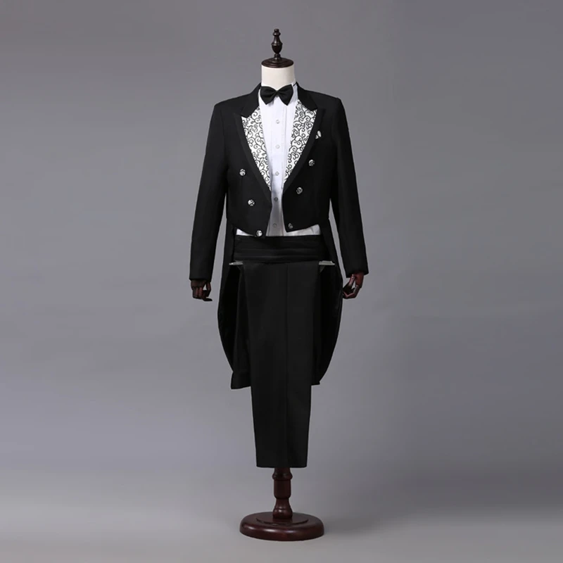 Classic Men's Tailcoat Modern White and Black Basic Style Mens Suit with Tailcoat Singer Magician Stage Jacket Outfits