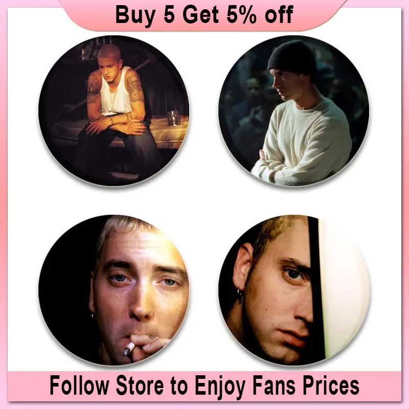 58mm Hip-Hop Rapper Eminem Icons Pins Cosplay Singer Badge Brooches Lapel Pin for Clothes Backpack Hat Decoration Fans Gifts