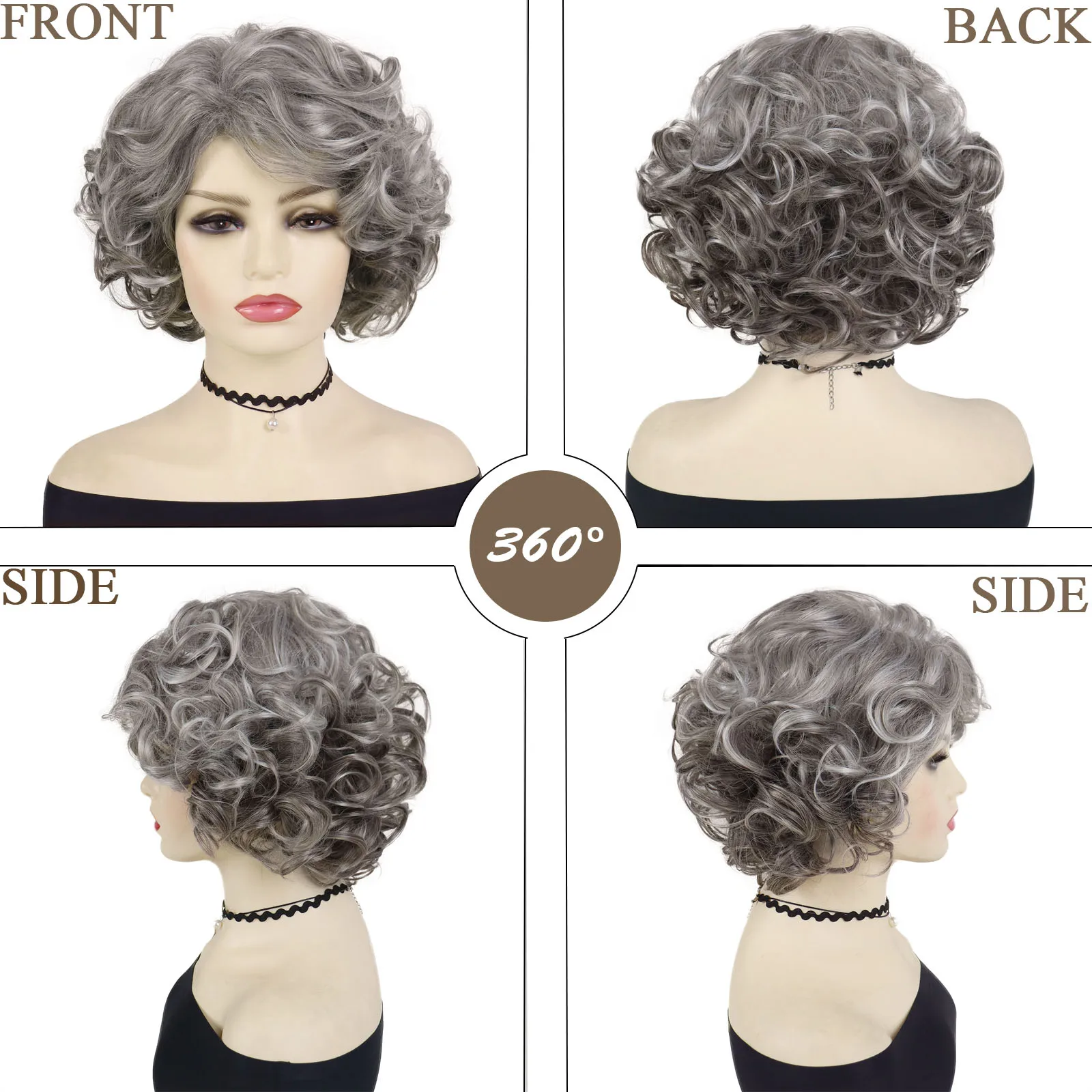 Short Curly Wigs for Women Synthetic Hair Grey Wig with Side 