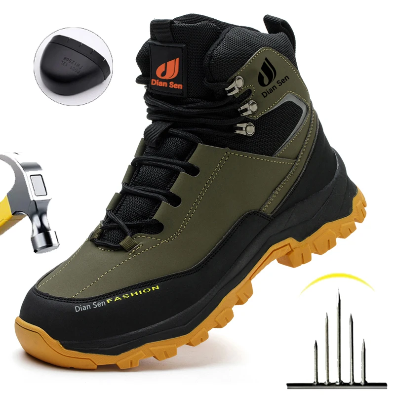 Waterproof Steel Toe Work Boots for Men Slip Resistant High Top Safety Shoes, Anti-Puncture Indestructible Outdoor Hiking Boots