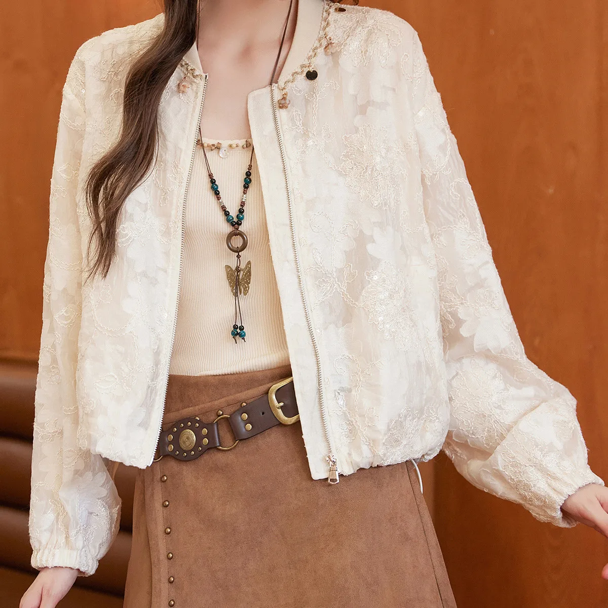 LOUIS YAO Exquisite Embroidered Zipper Coat 2025 Autumn Gentle and Romantic Color Contrasting Ribbon Splicing Women's Cardigan
