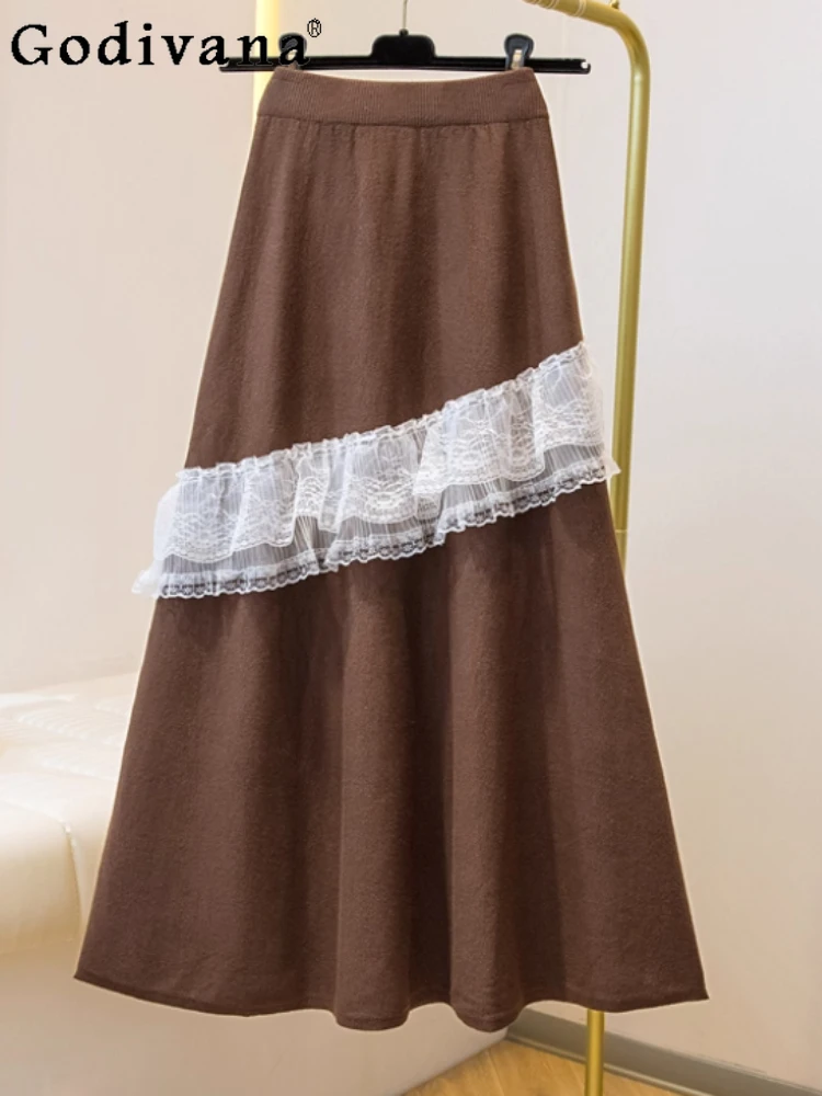 

Large Size Women Autumn New Irregular Elegant Lace Skirts Fashion High-waisted A-line Korean Loose Age-reducing Long Skirts