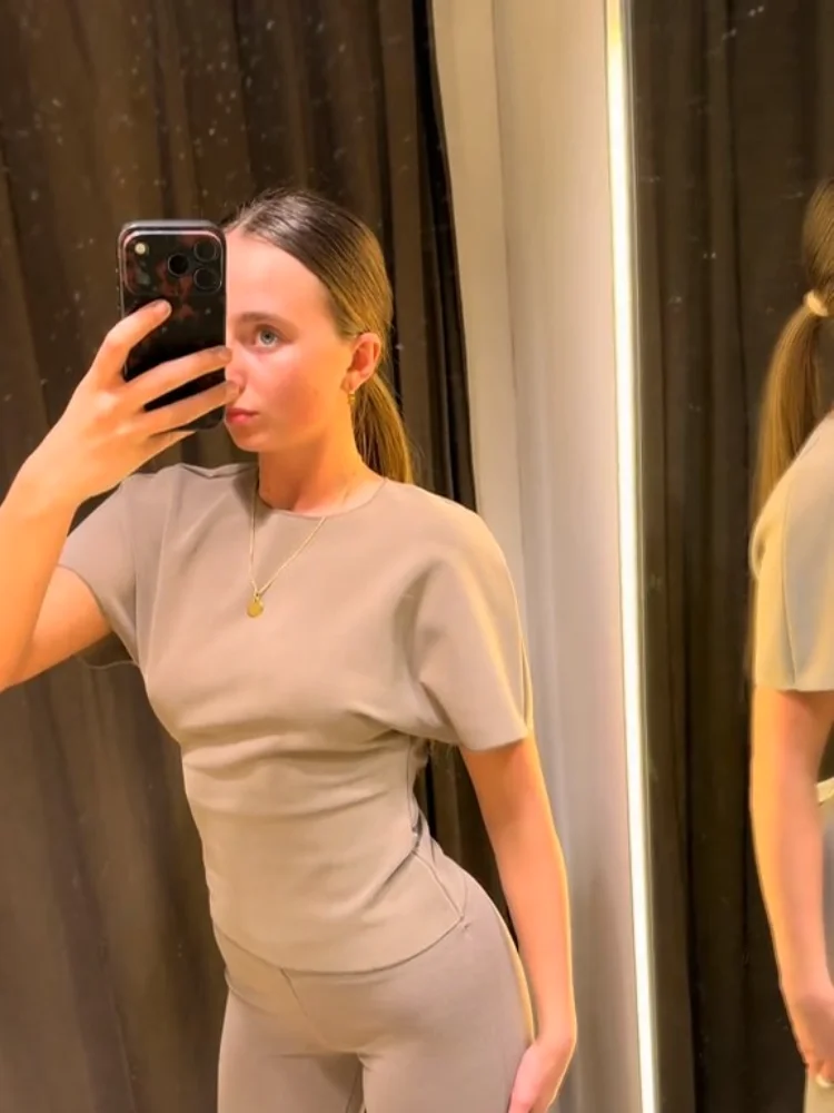 

Chic Open Back T-shirt Pant 2 Pieces Set Waist-cinching Slim Blouse Wide Leg Trousers 2026 Summer Lady All-matching Solid Suit