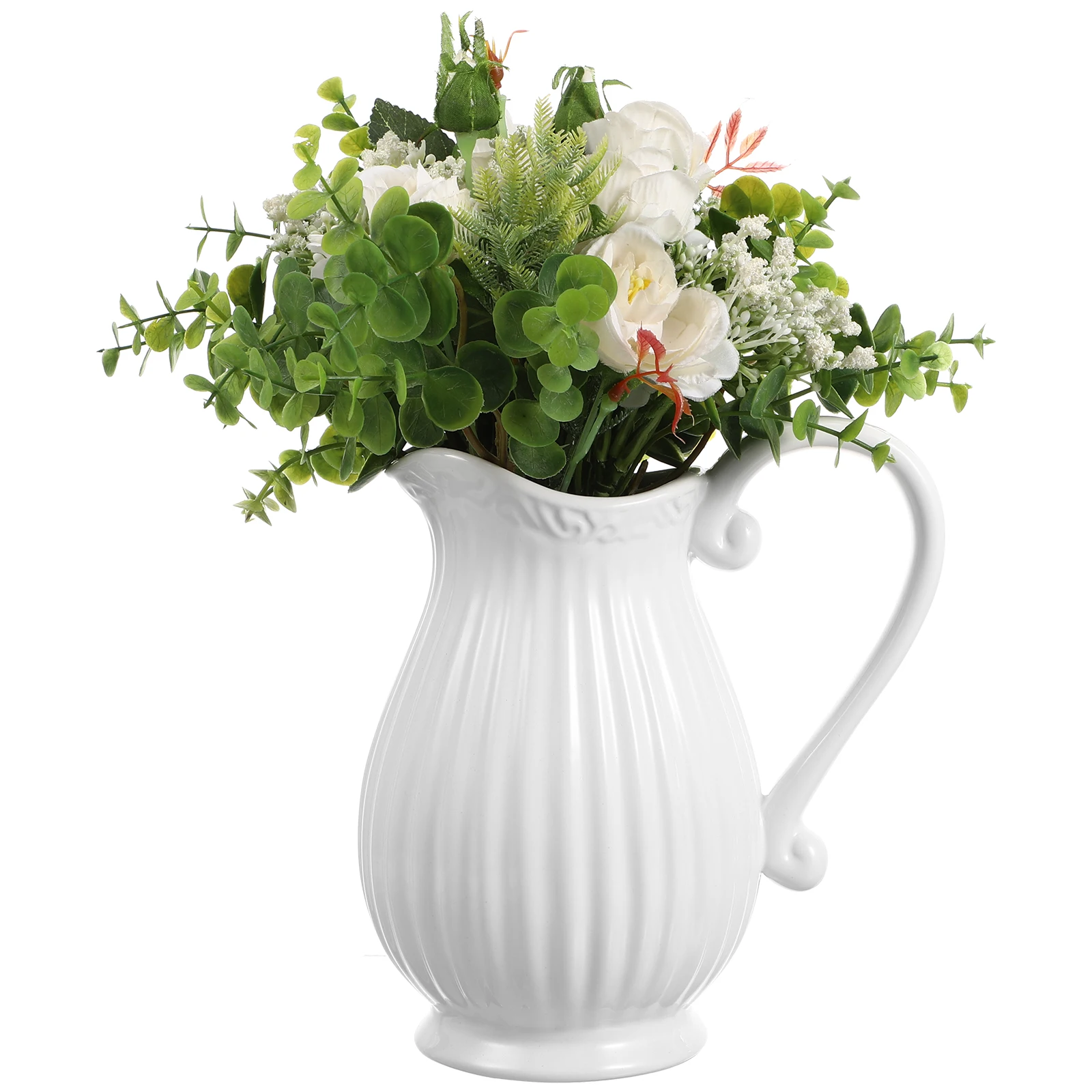 

1Pcs White Striped Pitcher Vase Smooth Ceramic Flower Arranging Pot Minimalist Home Decor Item for Garden Bookshelf Hotel Office