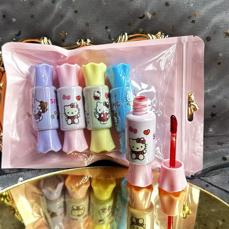 4Pcs Genuine Kawaii Sanrio Hello Kitty Lipstick Cute Cartoon Waterproof Lipstick Moisturizing Lip Gloss Cosmetics Creative Gift