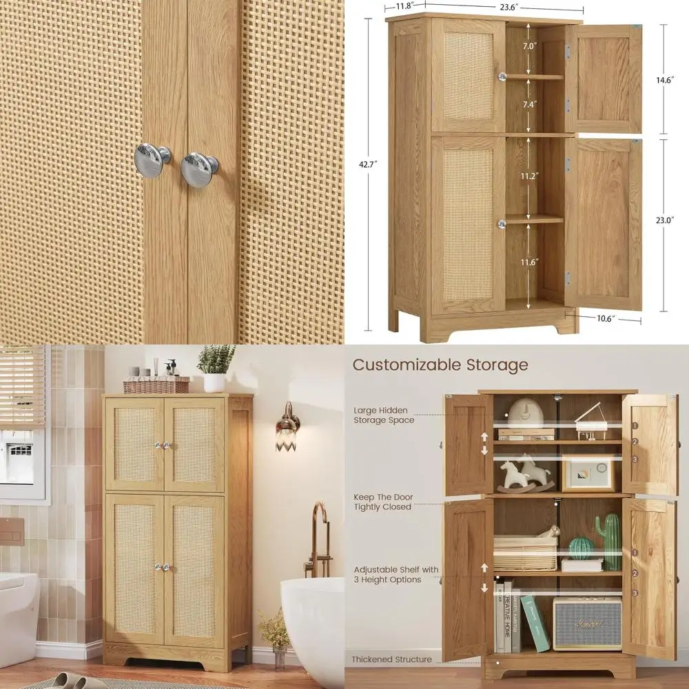 Rattan-Aufbewahrungsschrank mit 2 verstellbaren Regalen und 4 Türen, geeignet für Badezimmer, Wohnzimmer, Eingangsbereich, Küche und Zuhause