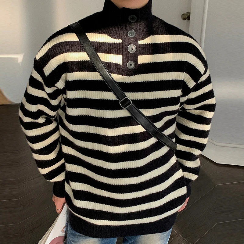

2025 Fall Winter Daily Casual Men's Sweater Stylish Striped Crochet Knitted Pullover Men Fashion Turtleneck Buttoned Sweaters
