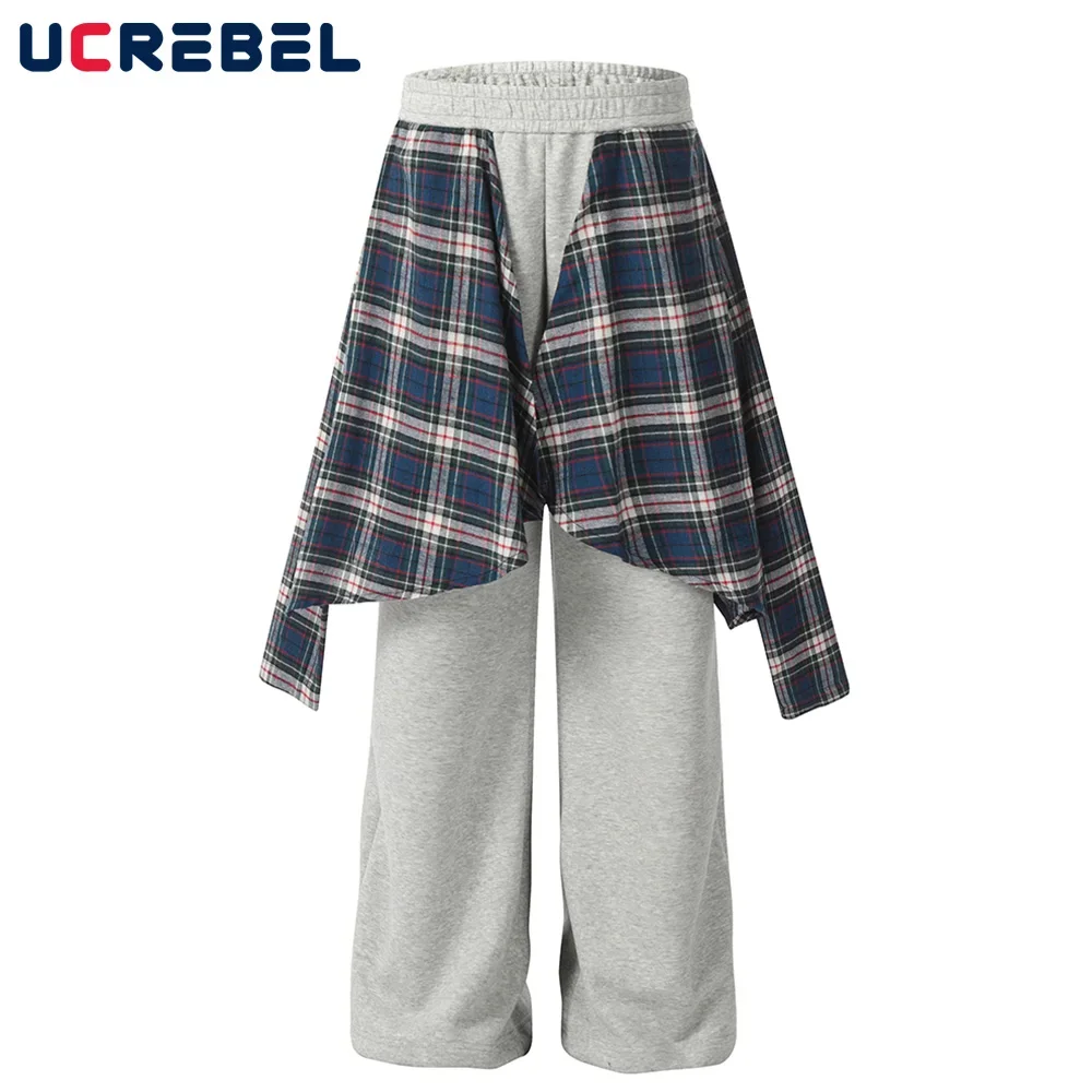 Plaid Patchwork Sweatpants Mens Hip Hop High Street Elastic Waist Loose Wide Leg Sports Pants Men Trousers