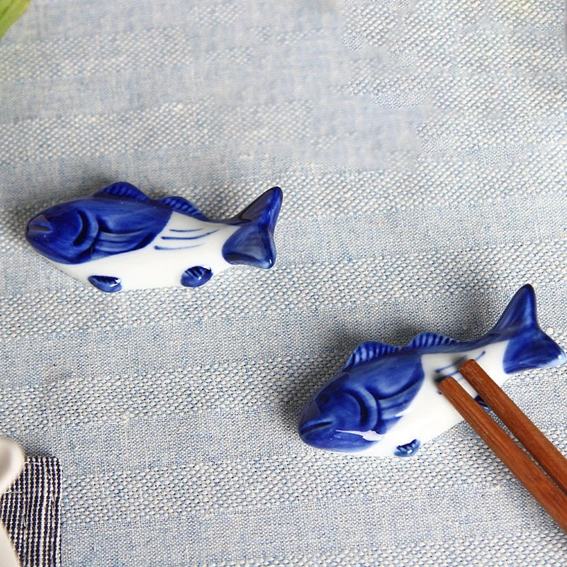 9pcs Ceramic Chopstick Rest Cute Blue Fish Utensil Holder Restaurant Spoon Stand Japanese Style Sushi Chopstick Stand for Table view 4