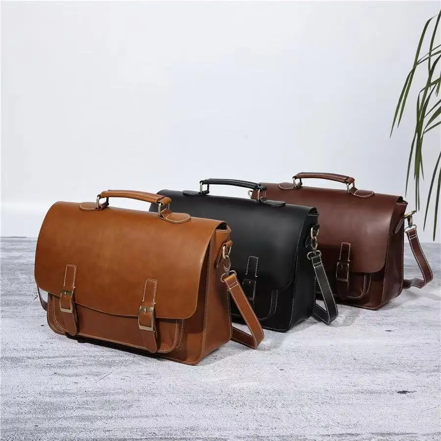 Maleta de couro vintage para homens, bolsa de grande capacidade, bolsa para laptop, bolsa de ombro casual, trabalho de negócios