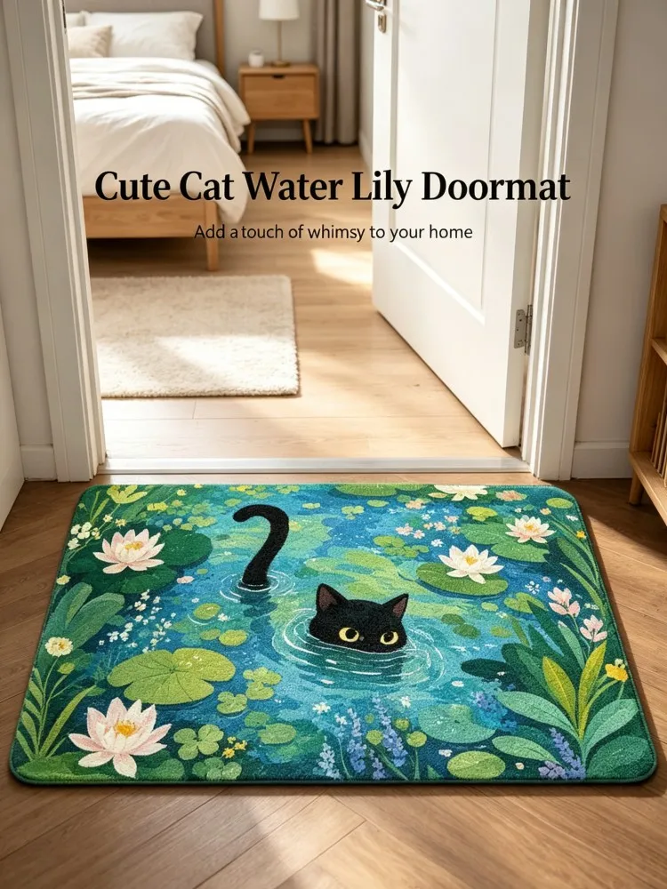 Cute Black Cat Lotus Pond Bath Mat, Watercolor Floral Green Leaf Non-Slip Quick Dry Floor Rug for Bedroom Entryway