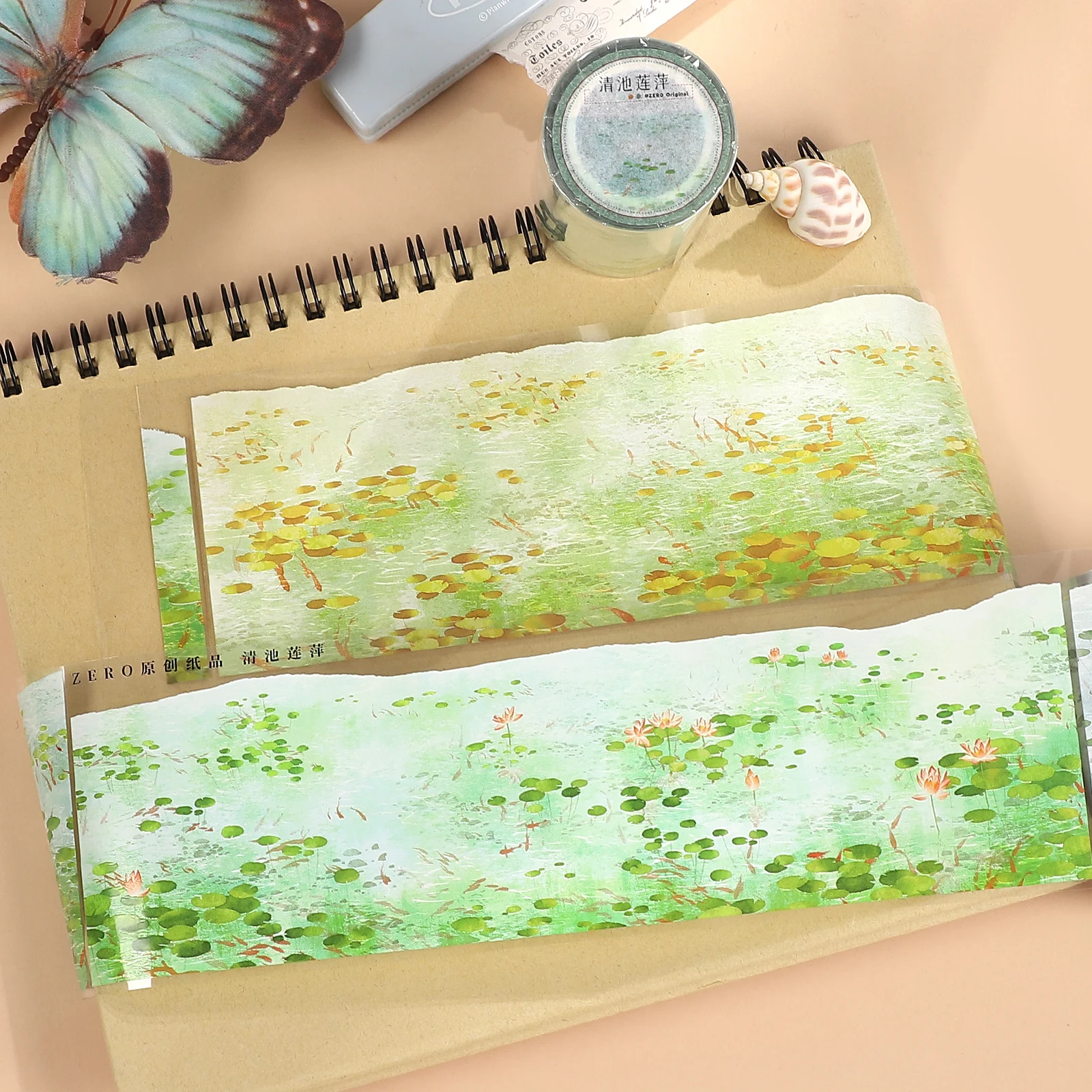 

70mm*5m Vintage Pond Lotus Fish Landscape PET Tape Creative DIY Journal Material Collage Scrapbooking Stationery
