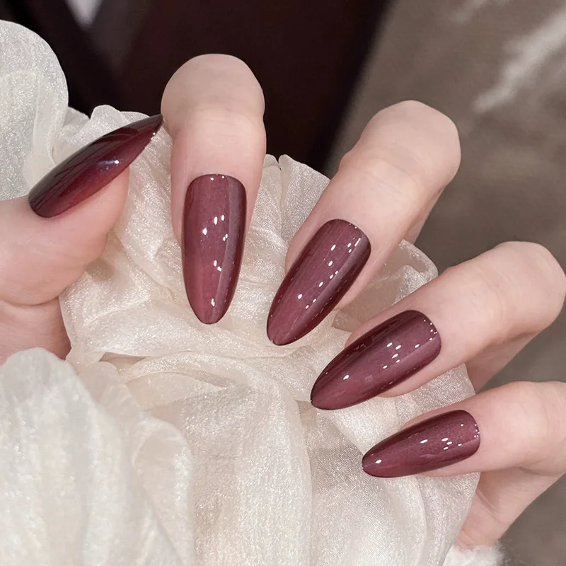 Handmade Medium Almond Press On Nails Burgundy Cat Eye Fake Nails Solid Color Glossy Retro Dark Tone Elegant Reusable False Nail