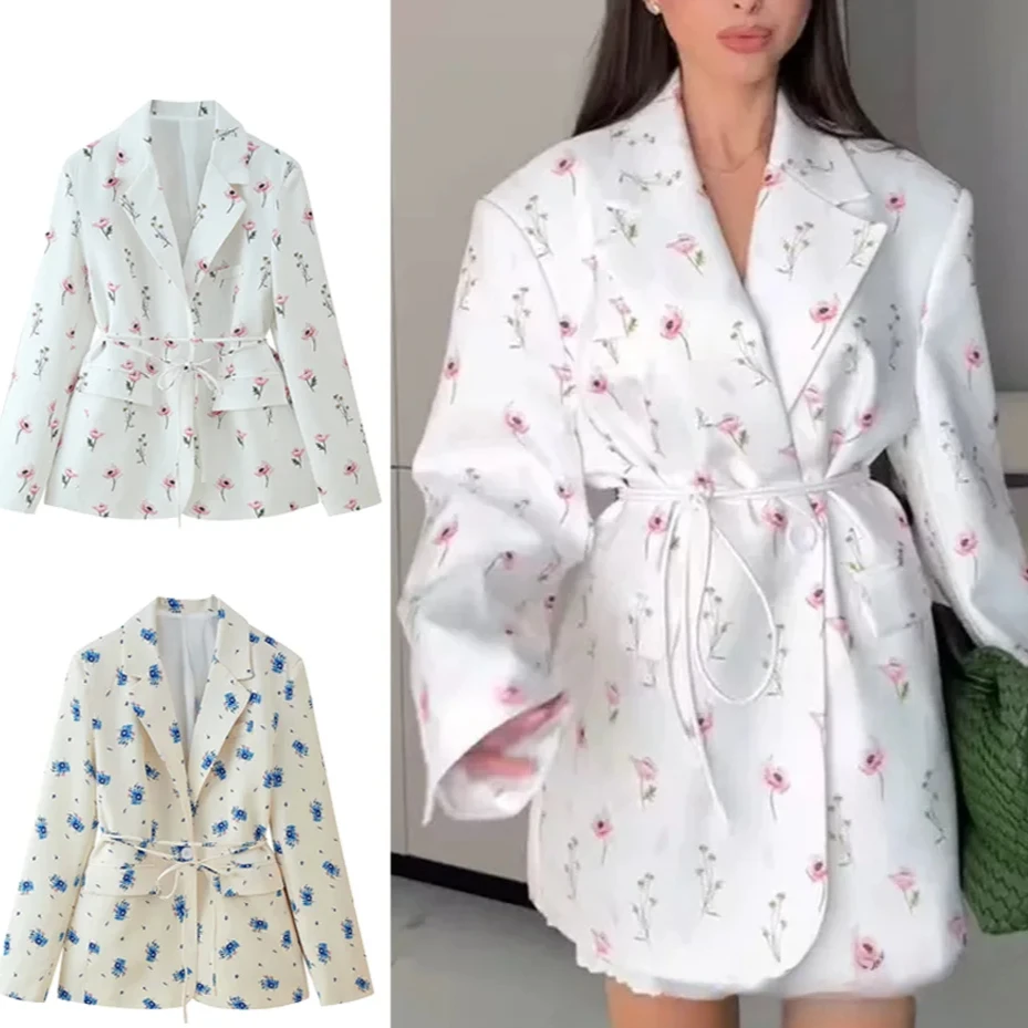

KONDALA Casual Fall Women Floral Printed Blazer Lace-up Long Sleeve Blazer 2025 Spring Summer Fashion Commute Holiday Blazer