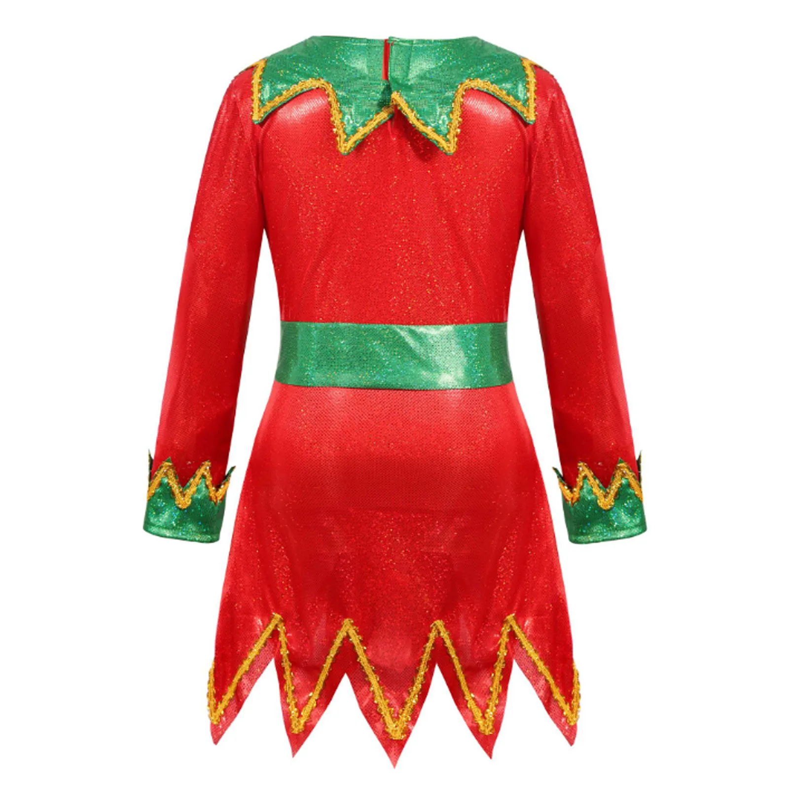 Girls Elf Christmas Costume Fancy Dress Up Outfit Long Sleeve Zipper Jagged Hem Dress Xmas Hat Stripe Socking And Shoes Set #4