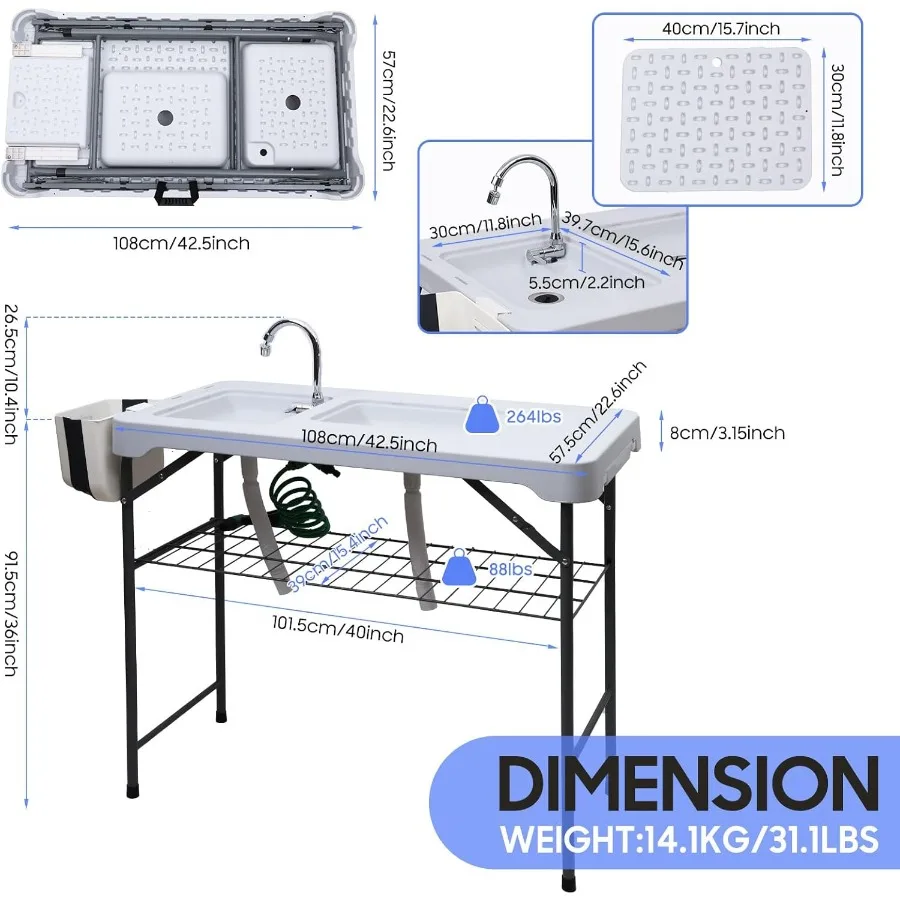 طاولة تنظيف الأسماك مع حوض وصنبور عالمي مزدوج للتخييم والنزهات الخارجية: محطة تسخين الأسماك المحمولة مقاس 42.5 بوصة F