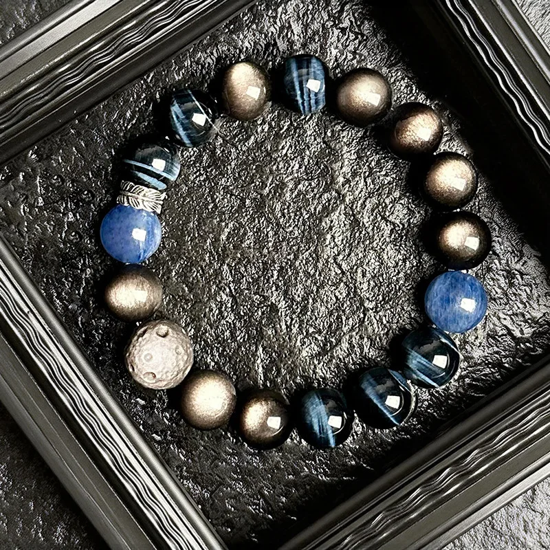 Natural Blue Tiger's Eye Meteorite Silver Sheen Obsidian Beaded Bracelet, Couple Fashion Jewelry Wholesale Gift