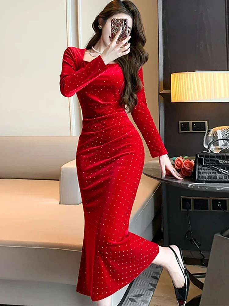 Autumn Winter Red Diamonds Velvet Luxury Prom Dress Korean Elegant Festival Party Dress for Women 2024 Fashion Bodycon Vestidos