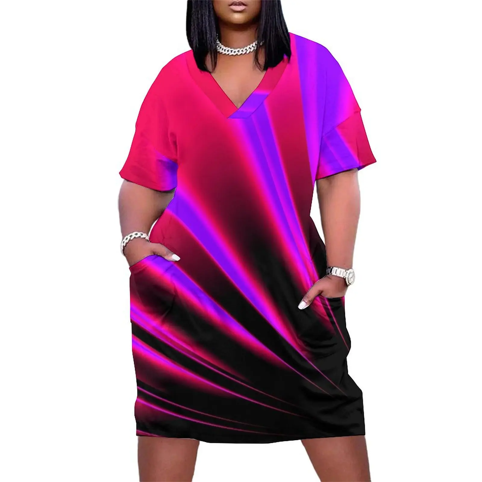 

Neon Rays of Light Glow Pink Purple Red Loose Pocket Dress Prom gown dress for woman