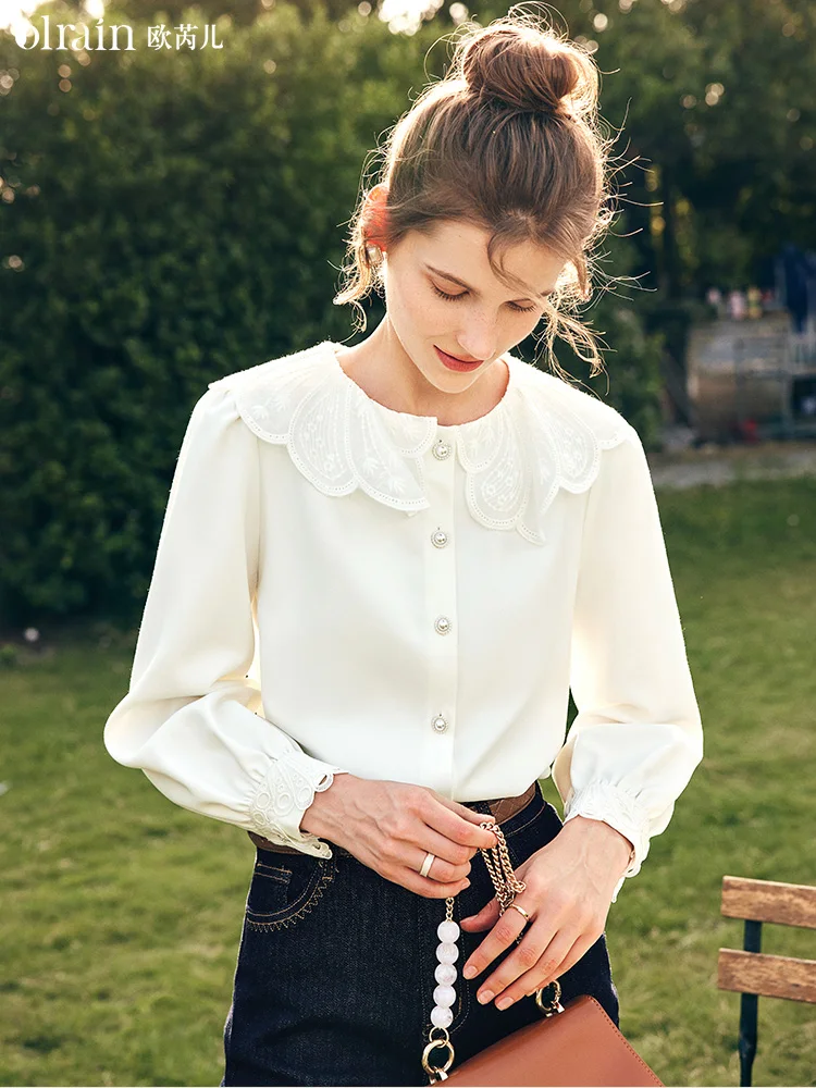 

OLrain Elegant French White Shirt Women 2025 Autumn Fall Fashion Lace Collar Long Sleeve Ladies Tops Female Clothing O23CX68189