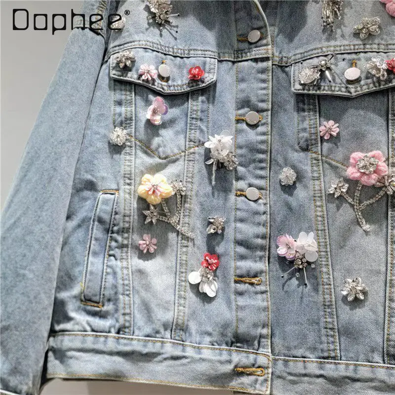 2026 Spring New Women's Vintage Embroidered Floral Denim Jacket Casual Loose Fit Turn-down Collar Trendy Slimming Elegant Coat