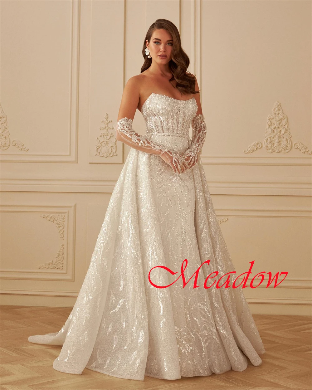 Изысканное свадебное платье из органзы по индивидуальному заказу, элегантное свадебное платье без бретелек со съемными рукавами и длинными рукавами, со шлейфом и открытой спиной