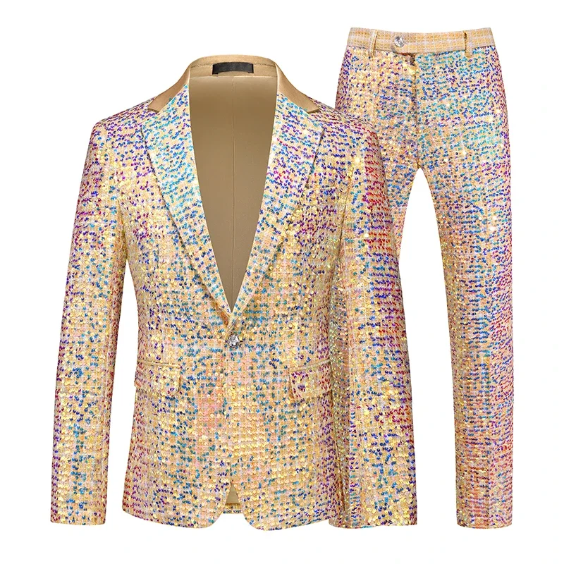 New Men Luxury Gold Sequin Suits Fashion Host Singer Bar KTV Stage Performance Tuxedo Dress Blazer Jacket and Pant