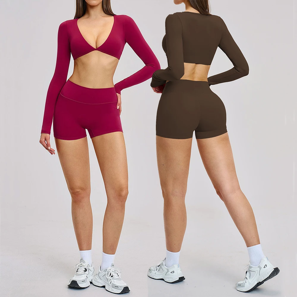 2PCS Yoga Suit Women Sports Outfits Quick-Drying Gym Set Women Tracksuit Running Workout Long Sleeve Sports Shirt Yoga Clothing